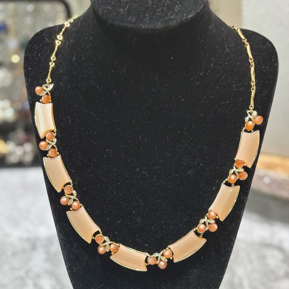 Vintage STAR Signed Necklace Thermoset Moonglow Gold Tone Neutral Brown Jewelry